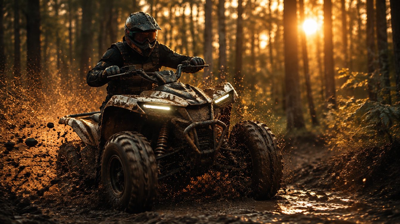 ATV vozilo u vožnji kroz blatnjavu šumsku stazu